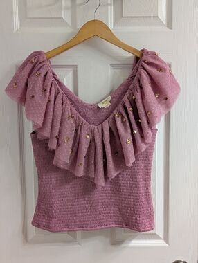 Anthropology Maeve Smocked Ruffle Sequin Blouse Medium Like New Gold Mauve